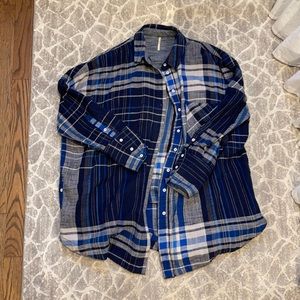 Free People Blue Plaid Button Down Shirt